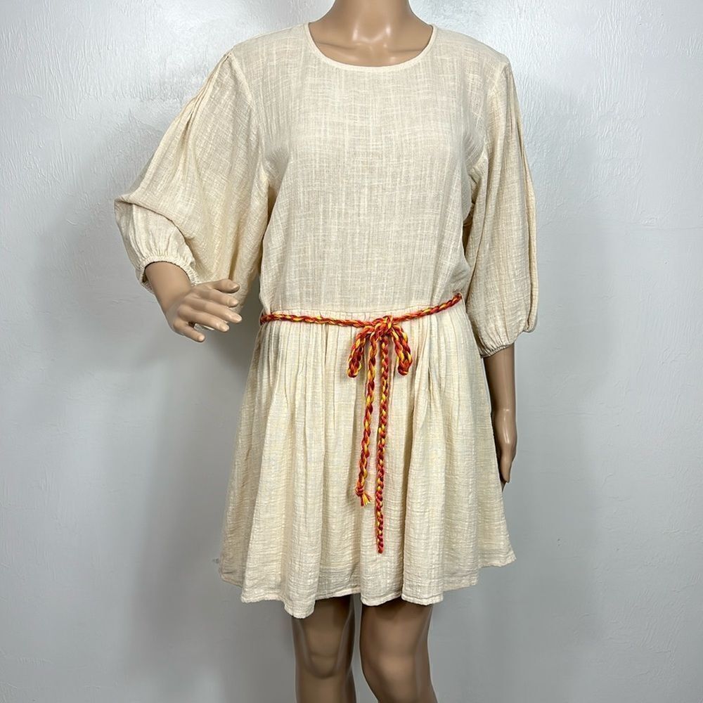 Tennis Cotton 3/4 Sleeve Tie Waist Fit & Flare Dress In Cream Size M